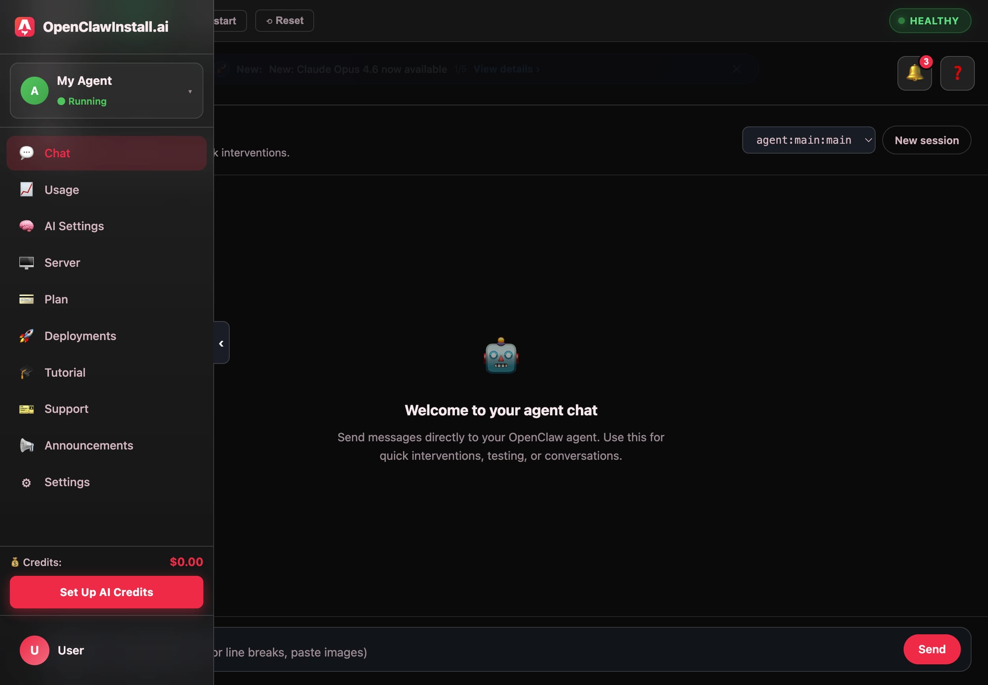 Chat tab with message input